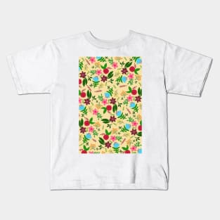 Red, pink, blue and maroon flower pattern with yellow color background Kids T-Shirt